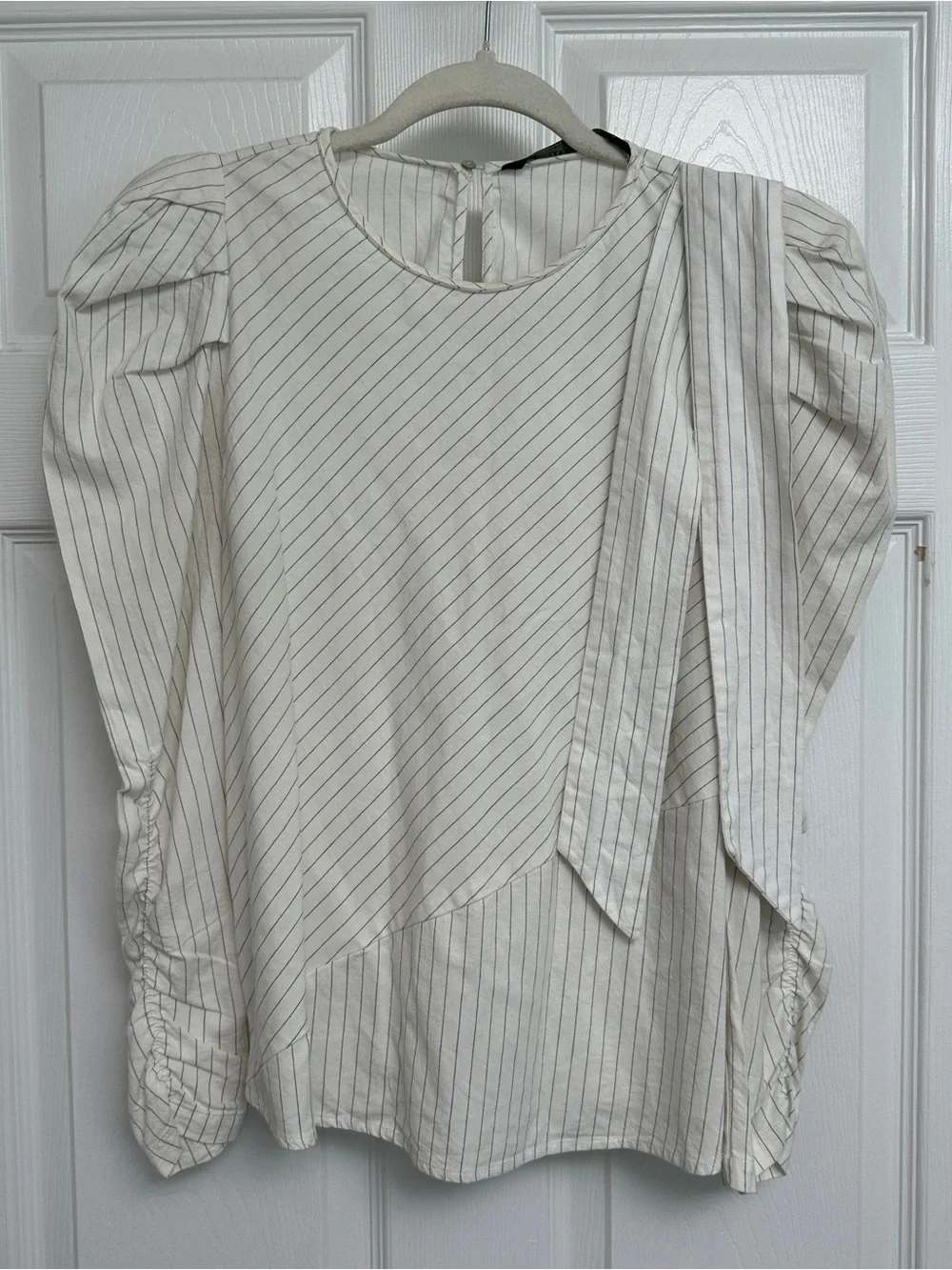 Zara Cream Pinstripe Puff-Sleeve Blouse with Neck Tie
